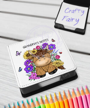 personalised highland cow with sunflowers & purple flowers memo note holder