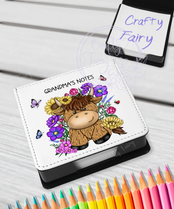 personalised highland cow with sunflowers & purple flowers memo note holder