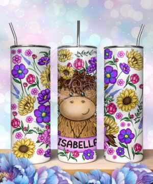personalised highland cow with sunflowers & purple flowers 600ml 20oz straight tumbler