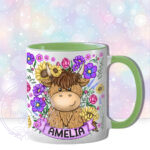 personalised highland cow with sunflowers & purple flowers and butterflies mug gift