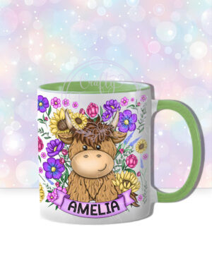 personalised highland cow with sunflowers & purple flowers and butterflies mug gift