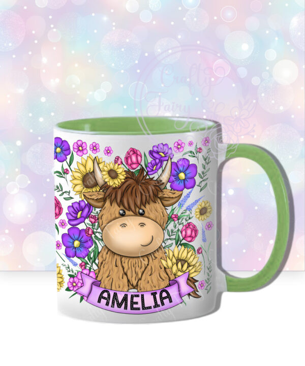 personalised highland cow with sunflowers & purple flowers and butterflies mug gift