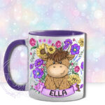 personalised highland cow with sunflowers & purple flowers and butterflies mug gift