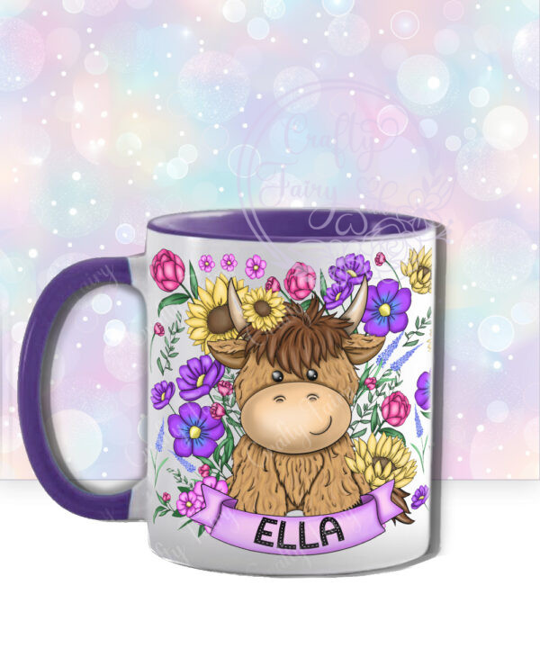 personalised highland cow with sunflowers & purple flowers and butterflies mug gift
