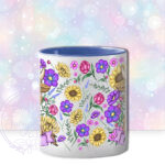 personalised highland cow with sunflowers & purple flowers and butterflies mug gift