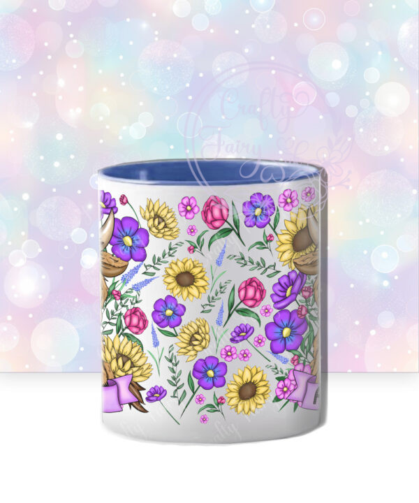 personalised highland cow with sunflowers & purple flowers and butterflies mug gift