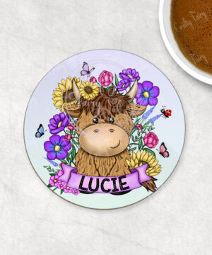 personalised highland cow with sunflowers & purple flowers coaster gift
