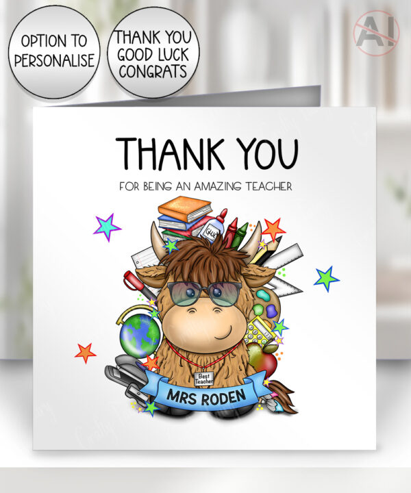 personalised highland cow best teacher ta thank you card