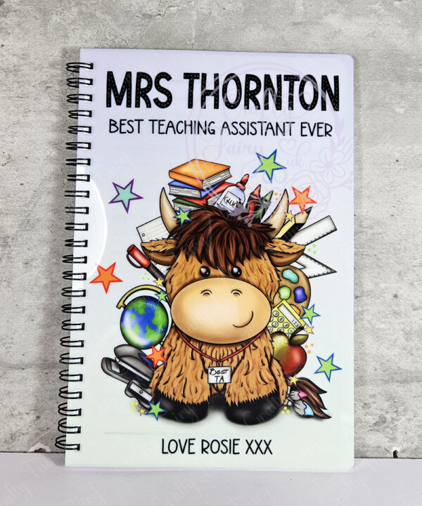 personalised highland cow best teacher ta thank you a5 notebook gift