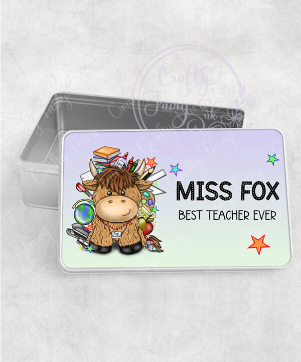 personalised highland cow best teacher ta thank you medium tin