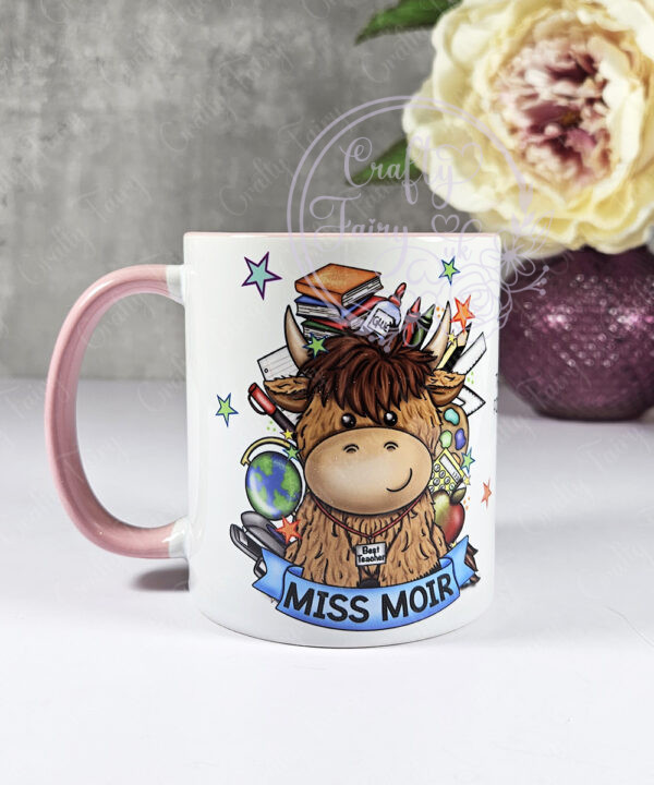 personalised highland cow best teacher ta thank you and butterflies mug gift