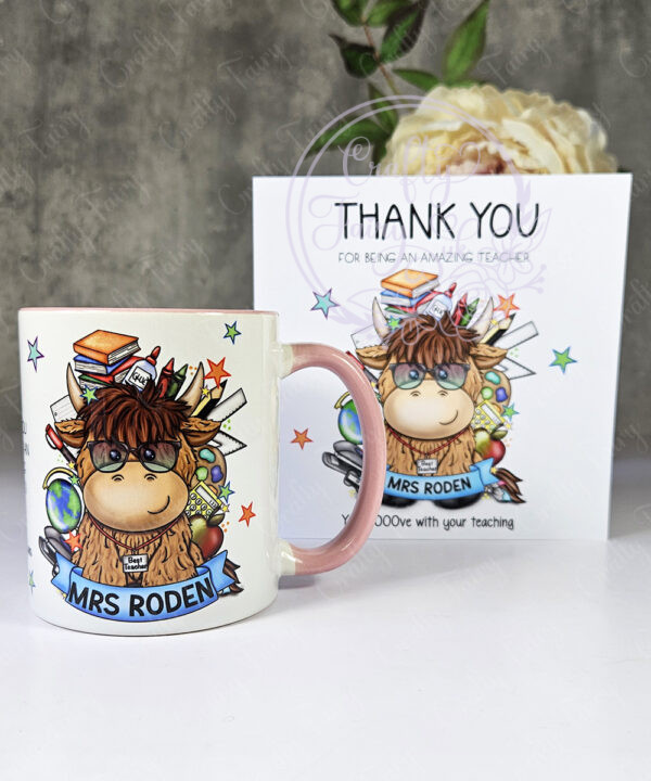 personalised highland cow best teacher ta thank you and butterflies mug gift