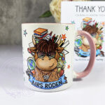 personalised highland cow best teacher ta thank you and butterflies mug gift