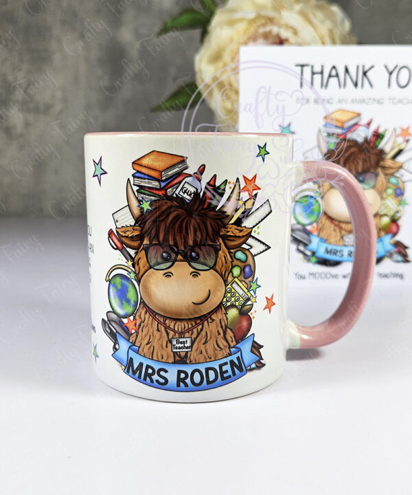 personalised highland cow best teacher ta thank you and butterflies mug gift