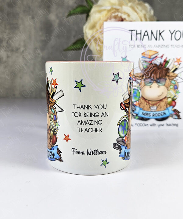 personalised highland cow best teacher ta thank you and butterflies mug gift