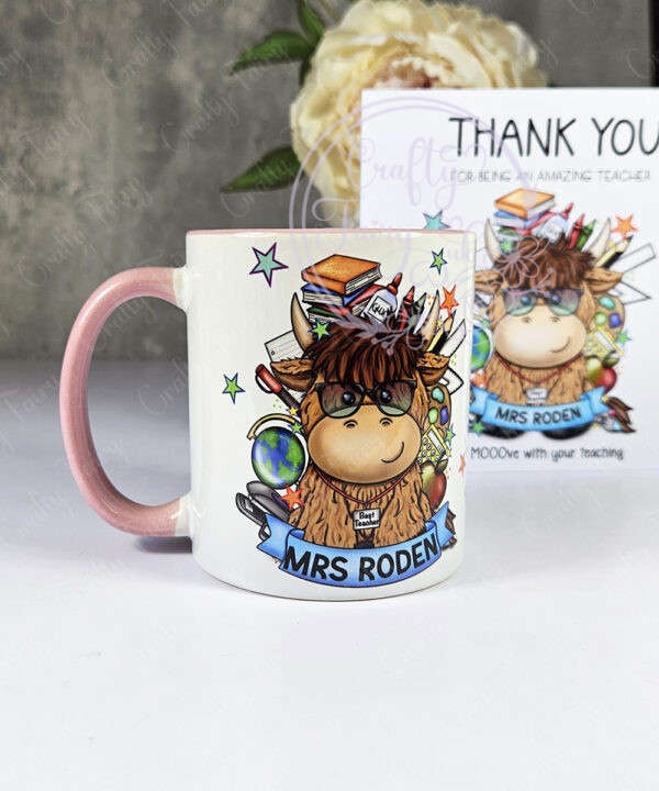 personalised highland cow best teacher ta thank you and butterflies mug gift