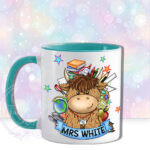 personalised highland cow best teacher ta thank you and butterflies mug gift