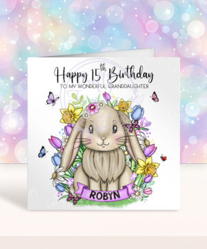 personalised cute bunny rabbit with bright spring flowers birthday card
