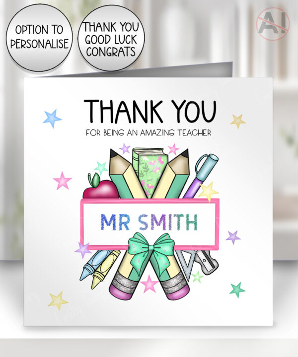personalised amazing teacher ta lsa pencils & banner thank you card