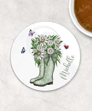 personalised green polkadots welly boots with white daisies flowers coaster gift