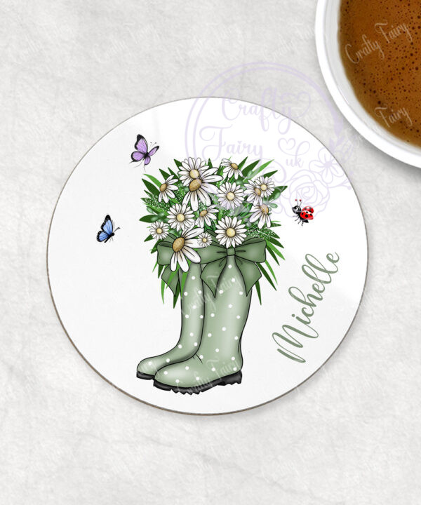 personalised green polkadots welly boots with white daisies flowers coaster gift