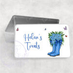 personalised blue polka dot welly boots with blue forget me dot flowers medium tin