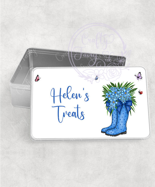 personalised blue polka dot welly boots with blue forget me dot flowers medium tin