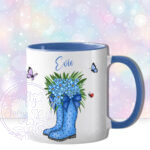 personalised blue polka dot welly boots with blue forget me dot flowers mug gift