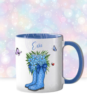 personalised blue polka dot welly boots with blue forget me dot flowers mug gift
