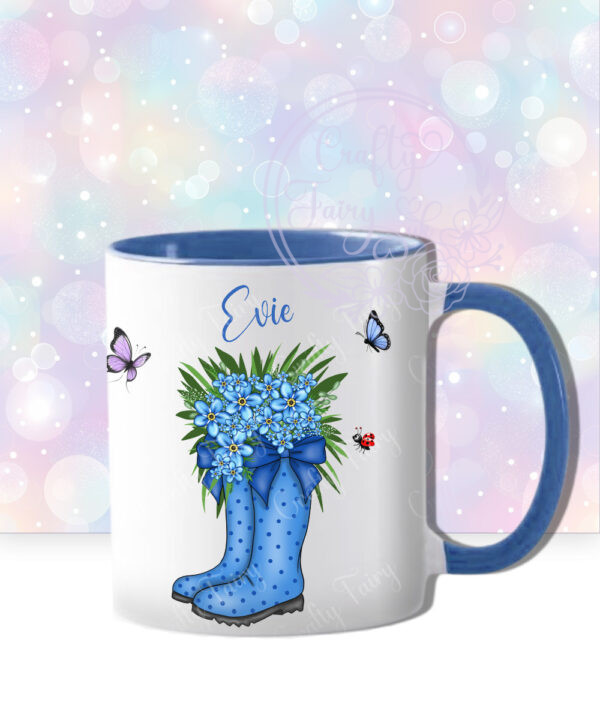 personalised blue polka dot welly boots with blue forget me dot flowers mug gift