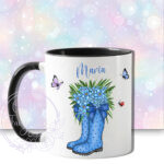 personalised blue polka dot welly boots with blue forget me dot flowers mug gift