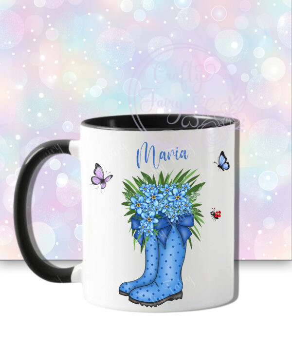 personalised blue polka dot welly boots with blue forget me dot flowers mug gift