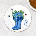 personalised blue polka dot welly boots with blue forget me dot flowers coaster gift
