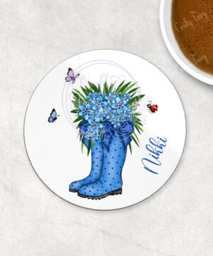 personalised blue polka dot welly boots with blue forget me dot flowers coaster gift