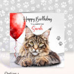 personalised cute maine coon cat face happy birthday card