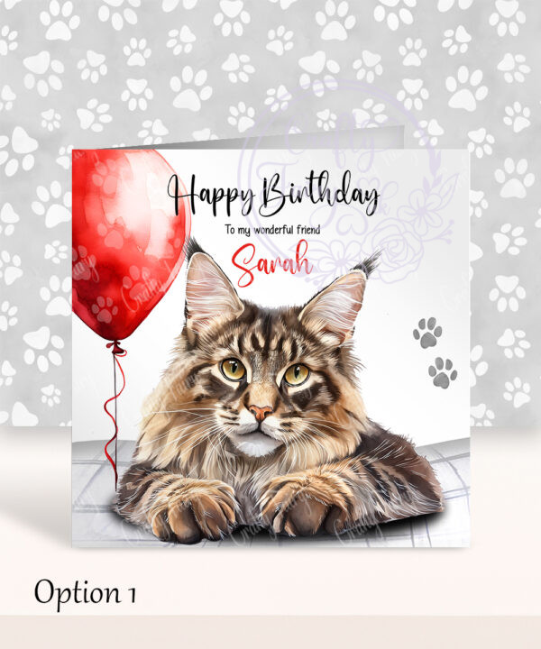 personalised cute maine coon cat face happy birthday card