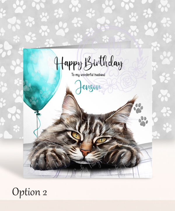 personalised cute maine coon cat face happy birthday card