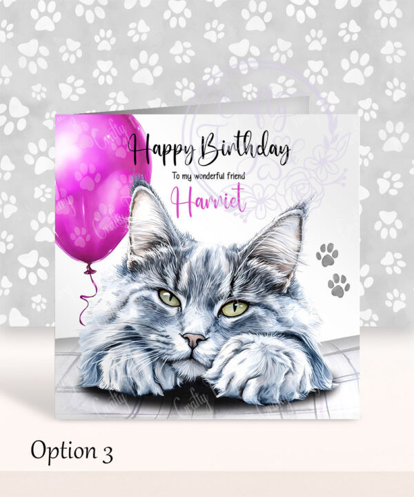 personalised cute maine coon cat face happy birthday card