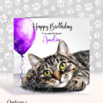 personalised cute grey tabby cat face happy birthday card