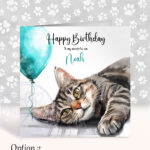 personalised cute grey tabby cat face happy birthday card