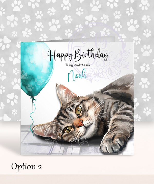 personalised cute grey tabby cat face happy birthday card