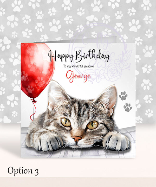 personalised cute grey tabby cat face happy birthday card