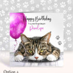 personalised cute grey tabby cat face happy birthday card