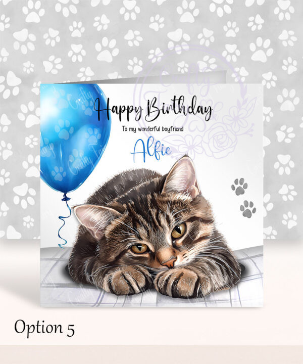 personalised cute grey tabby cat face happy birthday card