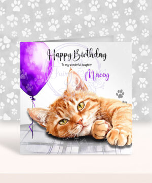 personalised cute ginger tabby cat face happy birthday card