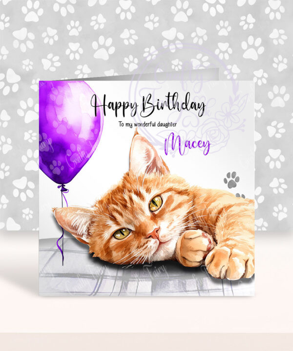 personalised cute ginger tabby cat face happy birthday card