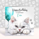 personalised cute white cat face happy birthday card