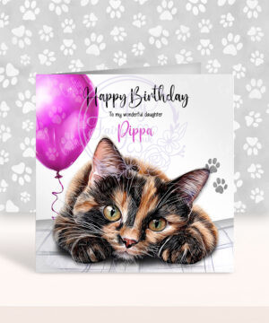 personalised cute tortoiseshell cat face happy birthday card