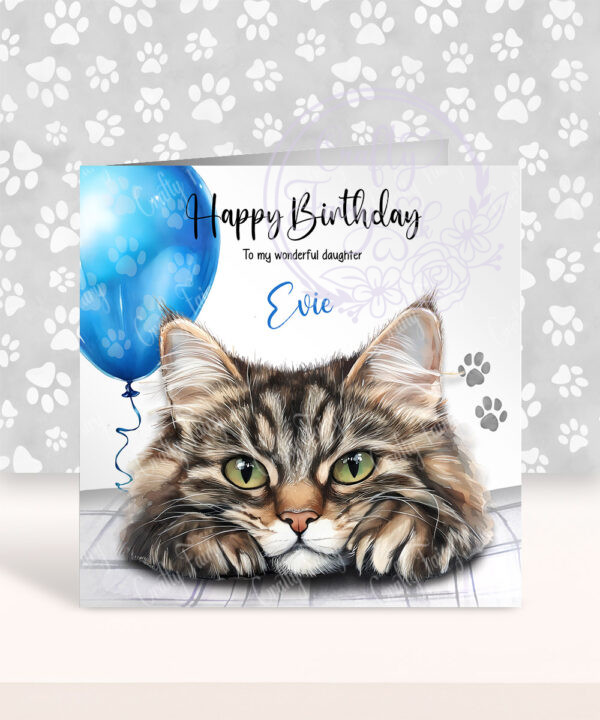 personalised cute long hair grey tabby cat face happy birthday card