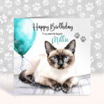 personalised cute siamese cat face happy birthday card